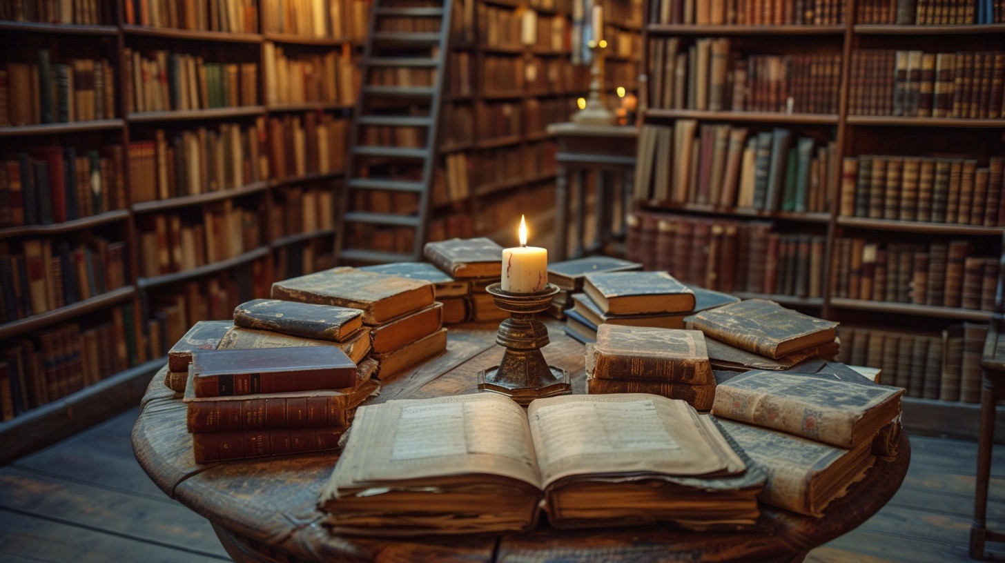 An antique candle burns amidst open, time-worn books in a tranquil, wood-paneled private library